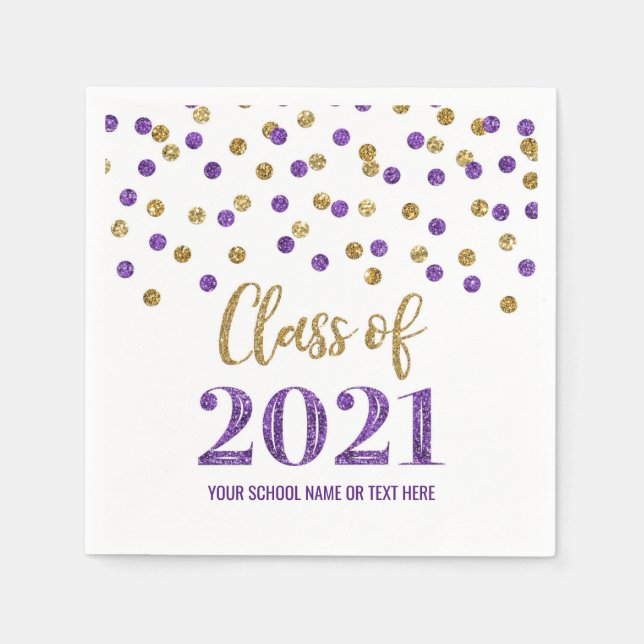 Purple Gold Confetti Class of 2021 Graduation Napkin (Front)