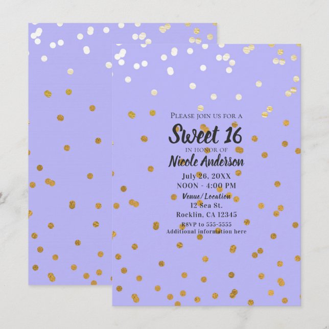 Purple & Gold Confetti Dots Modern Glamour Glam Invitation (Front/Back)