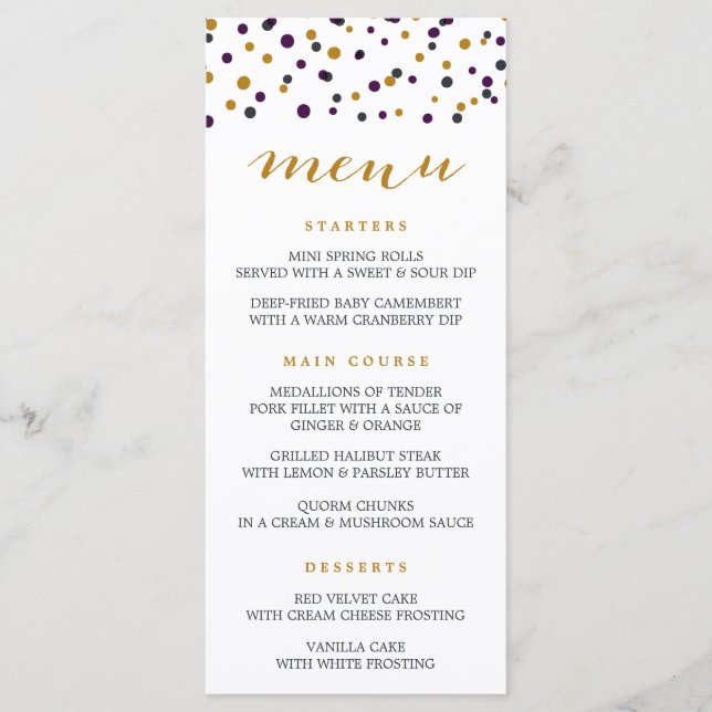 Purple & Gold Confetti Dots Modern Menu Card (Front)