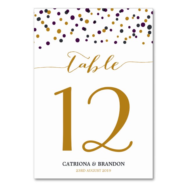 Purple & Gold Confetti Dots Modern Table Number (Front)