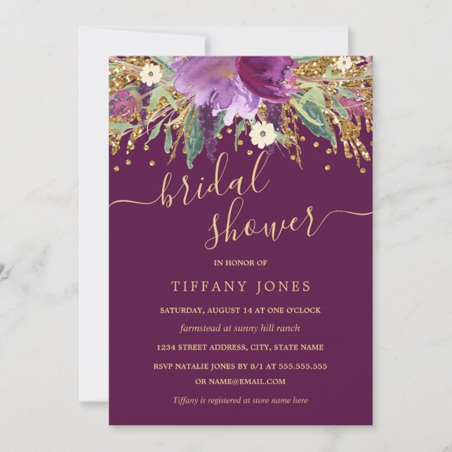 Purple Gold Confetti Floral Bridal Shower Invitation (Front)