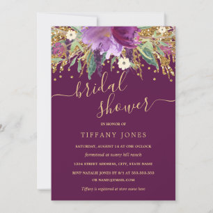 Purple Gold Confetti Floral Bridal Shower Invitation