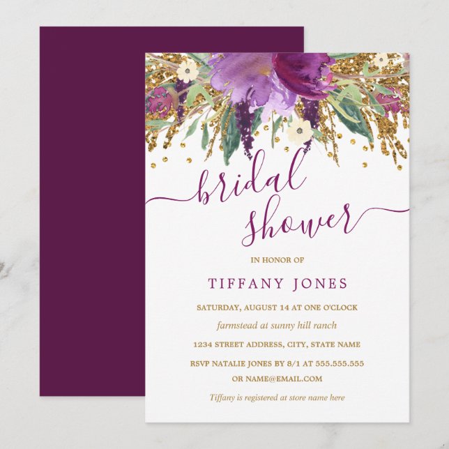 Purple Gold Confetti Floral Bridal Shower Invite (Front/Back)