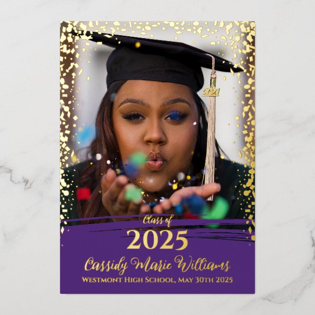 Purple Gold Confetti Foil Graduation Announcement (Front)