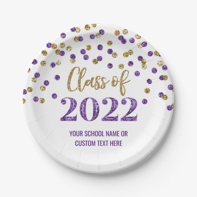 Purple Gold Confetti Graduation 2022 Paper Plate (Front)