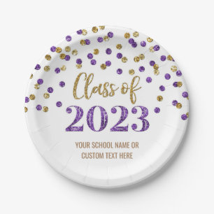 Purple Gold Confetti Graduation 2023 Paper Plate