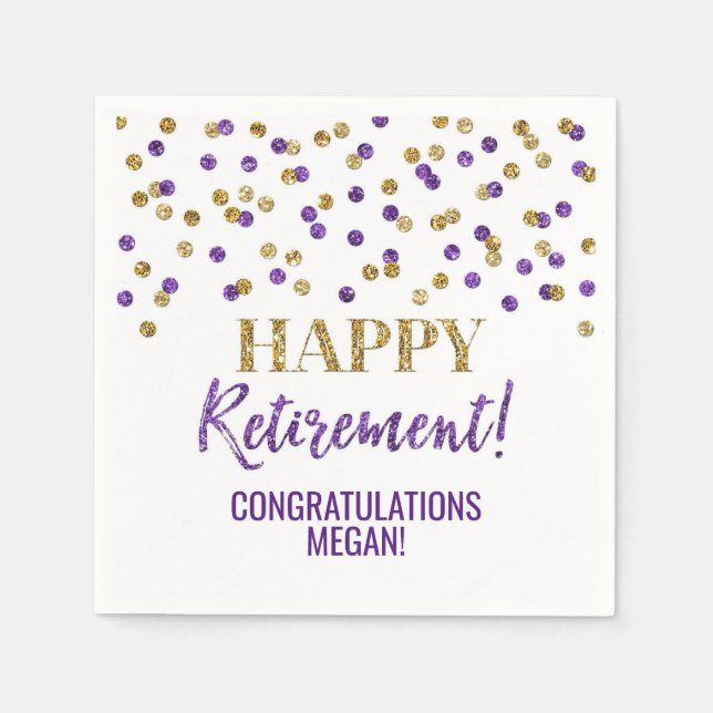 Purple Gold Confetti Happy Retirement Napkin (Front)