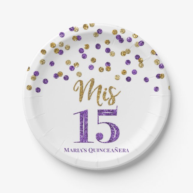 Purple Gold Confetti Mis 15 Quinceanera Paper Plate (Front)