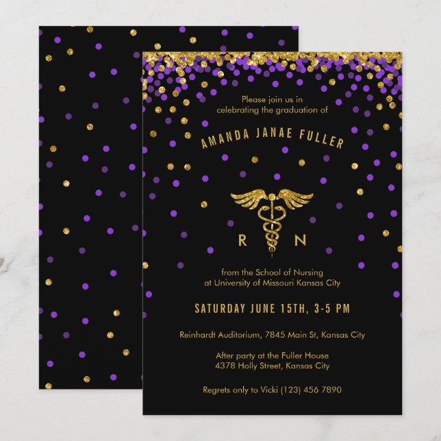 Purple & Gold Confetti Nurse Graduation Invitation (Front/Back)