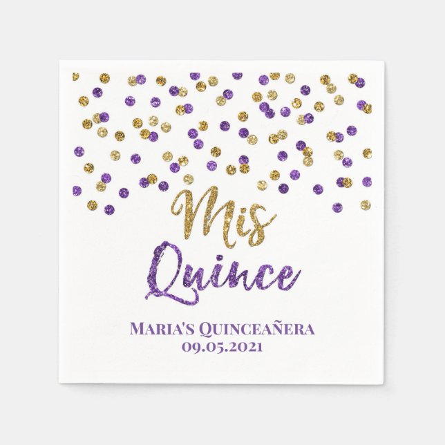Purple Gold Confetti Quinceañera Birthday Napkin (Front)