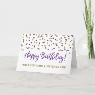 Purple Gold Confetti Sister in Law Birthday Card
