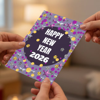 Purple Gold Confetti Stars New Years Card