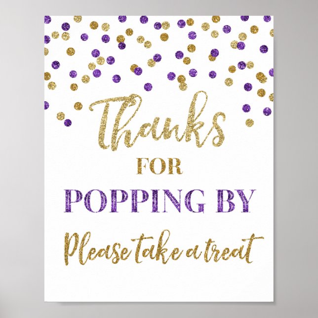 Purple Gold Confetti Thanks for Popping By Sign (Front)