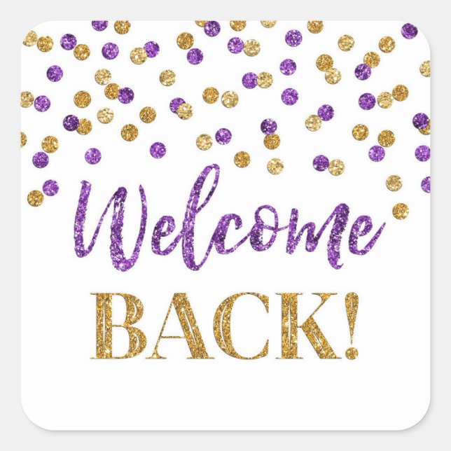 Purple Gold Confetti Welcome Back Square Sticker (Front)