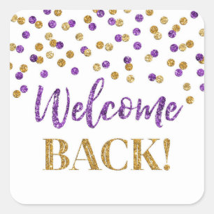 Purple Gold Confetti Welcome Back Square Sticker