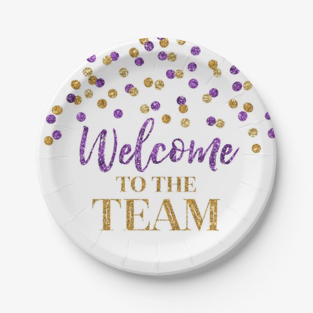Purple Gold Confetti Welcome to the Team  Paper Plate (Front)