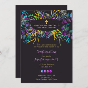 Purple Gold Confirmation Invite Floral Leaves