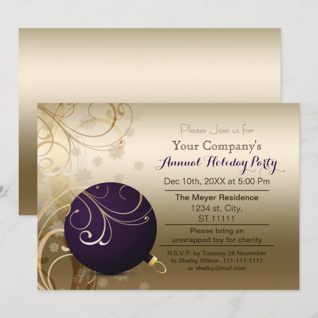 purple gold Corporate holiday party Invitation (Front/Back)