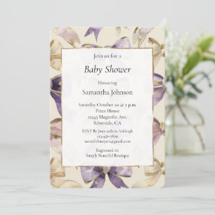 Purple Gold Cream Bows Baby Shower Invitation