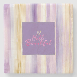Purple Gold Cream Stripes Pink Hello Stone Coaster