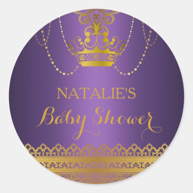 Purple & Gold Crown Baby Shower Sticker (Front)