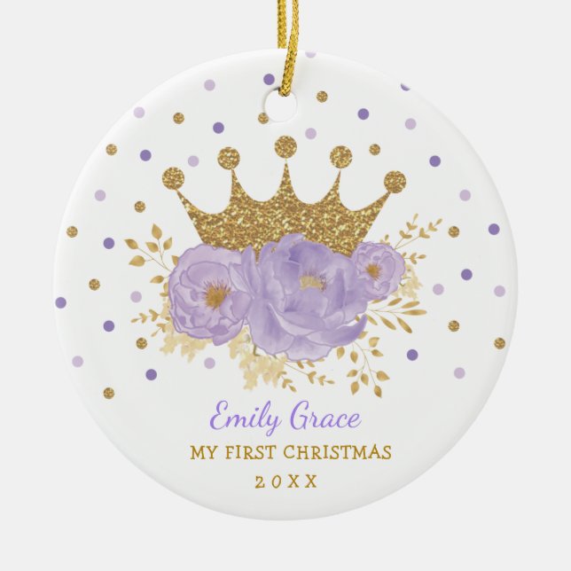 Purple Gold Crown Princess Baby First Christmas Ceramic Tree Decoration (Front)