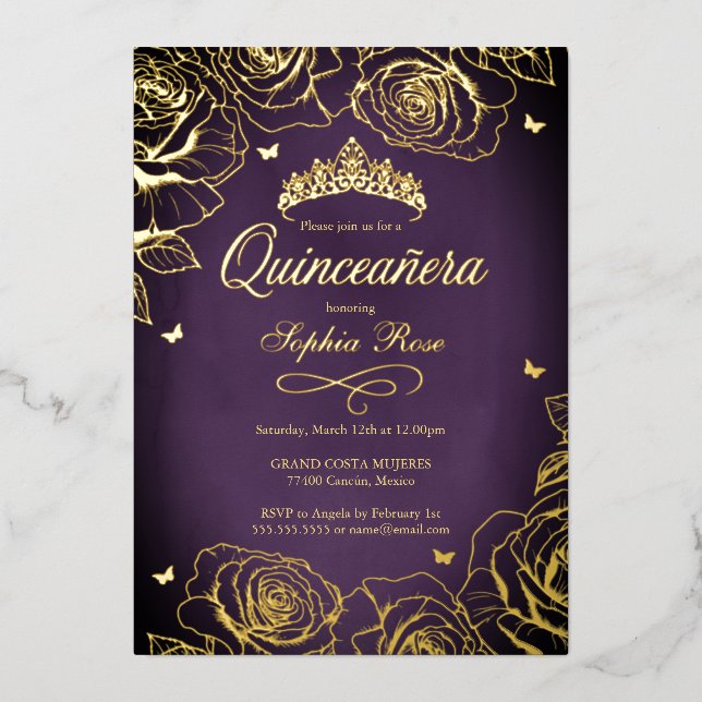 Purple Gold Crown Roses Theme Quinceanera  (Front)