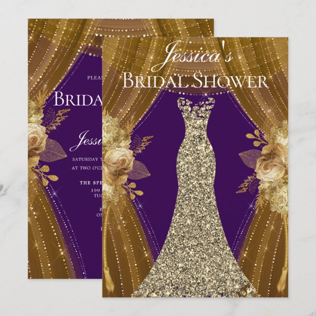 Purple & Gold Curtains Dress Bridal Shower Invite (Front/Back)