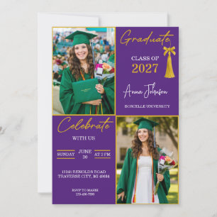 Purple & Gold Custom 2 Photo Graduation Party Invitation