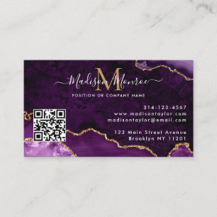 Purple Gold Custom Logo QR Code Agate Monogram Business Card