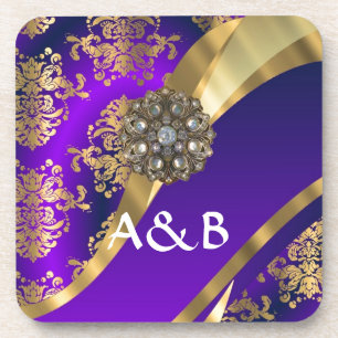 Purple & gold damask coaster
