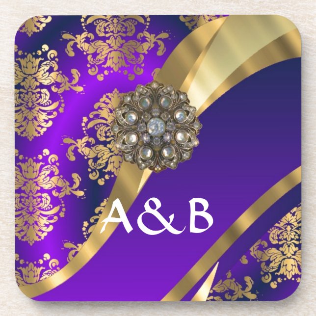 Purple & gold damask coaster (Front)