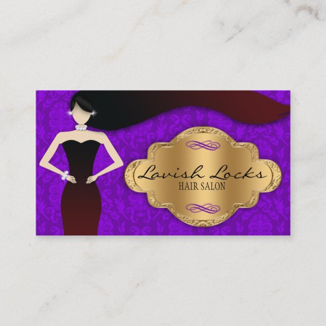Purple Gold Damask Hair Stylist Salon Business Card (Front)