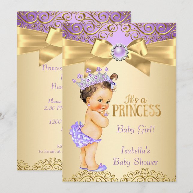 Purple Gold Damask Princess Baby Shower Brunette Invitation (Front/Back)