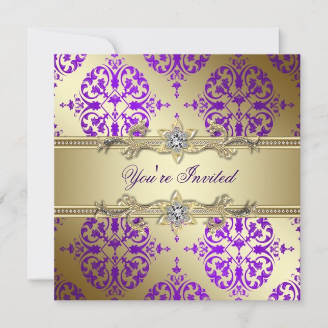 Purple Gold Damask Purple Party Invitation (Front)