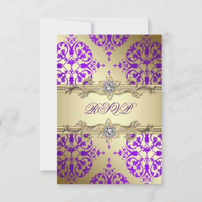 Purple Gold Damask Purple Party RSVP Card (Front)
