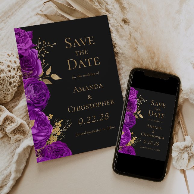 Purple Gold Dark Floral Save the Date Announcement (Creator Uploaded)