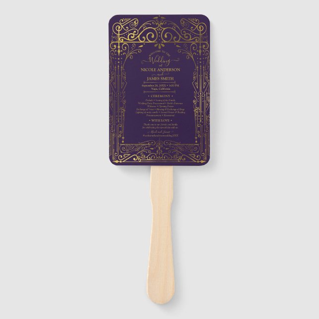 Purple Gold Deco Chic Glam Wedding Program Hand Fan (Front)