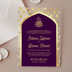 Purple Gold Diamonds Arch Muslim Wedding Acrylic Invitations