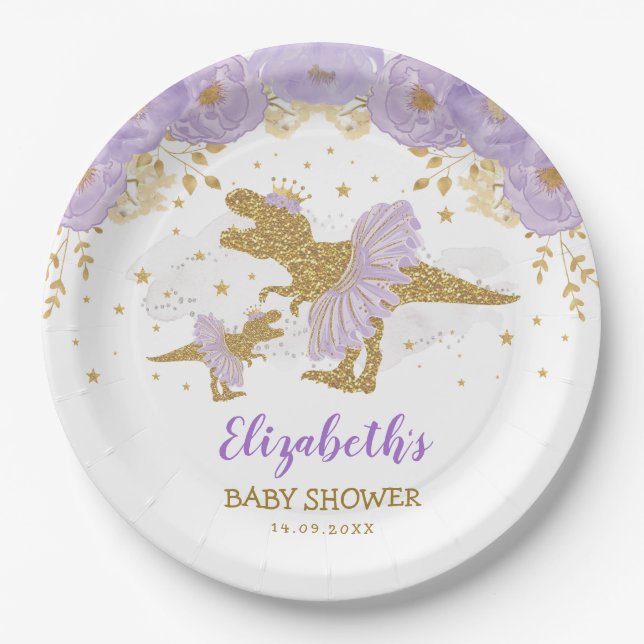 Purple Gold Dinosaur Tutu Tiara Girl Baby Shower Paper Plate (Front)