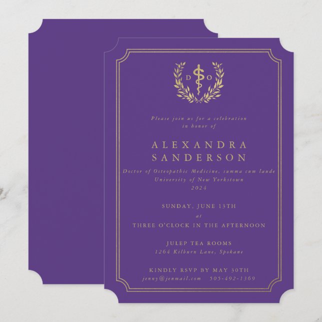 Purple/Gold Doctor of Osteopathic Medicine Grad Invitation (Front/Back)