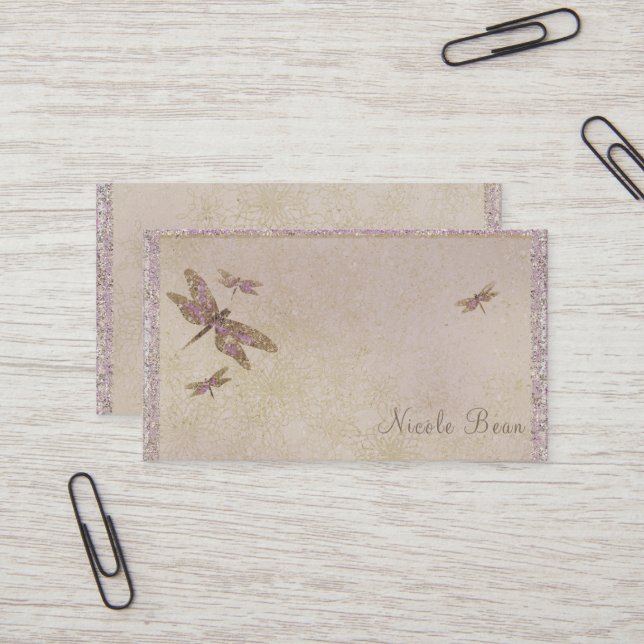 Purple & Gold Dragonflies Dragonfly Glam Sparkle Business Card (Front/Back In Situ)