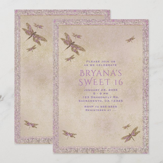Purple & Gold Dragonflies Dragonfly Invitations (Front/Back)
