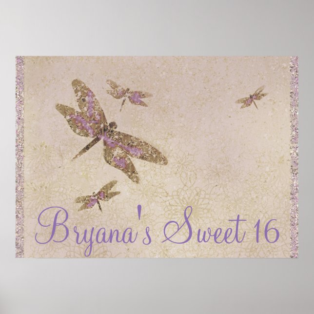 Purple & Gold Dragonflies Dragonfly Party Banner Poster (Front)