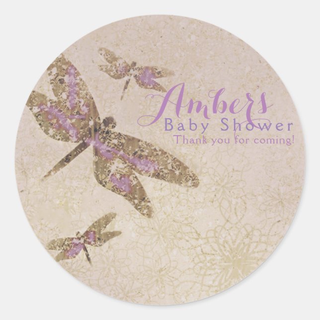 Purple & Gold Dragonflies Dragonfly Party Favour Classic Round Sticker (Front)