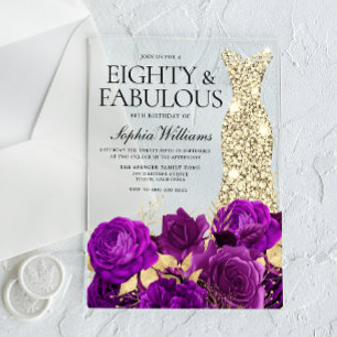Purple & Gold Dress 80th Birthday Party Acrylic Invitations