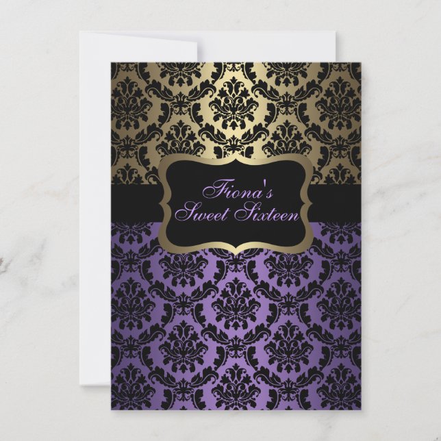 Purple & Gold Elegant Damask Birthday Invite (Front)