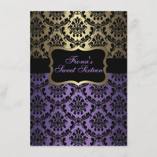 Purple & Gold Elegant Damask Birthday Invite