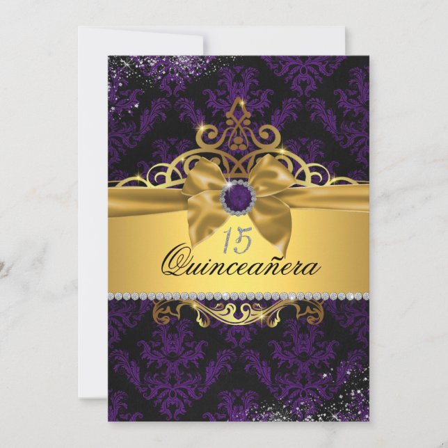 Purple Gold Elegant Damask Quinceanera Invite (Front)