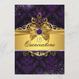 Purple Gold Elegant Damask Quinceanera Invite